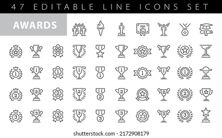 Award line icons. Winner medal, Victory cup and Trophy reward. Achievement linear icon set. Vector