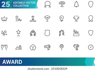Award line icons. Winner medal, victory cup and trophy reward. Achievement linear icon set. Collection of minimalist icons representing various symbols of achievement and recognition.