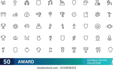 Award line icons. Winner medal, victory cup and trophy reward. Achievement linear icon set. Collection of minimalist icons representing various symbols of achievement and recognition.