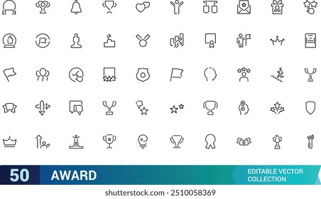 Award line icons. Winner medal, victory cup and trophy reward. Achievement linear icon set. Collection of minimalist icons representing various symbols of achievement and recognition.