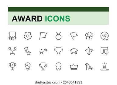 Colección de icono lineal de premio. Incluye línea delgada honor, victoria, medallón, insignia, Anuncio, competición, deporte, top. Colección para App móviles y de Web. Trazo editable.