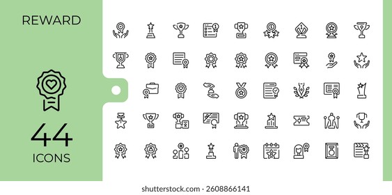 Award linear icon collection. Related to champion, reward, success, championship, badge, competition and more. Thin icons set. Reward line icon set. Editable stroke vector art.