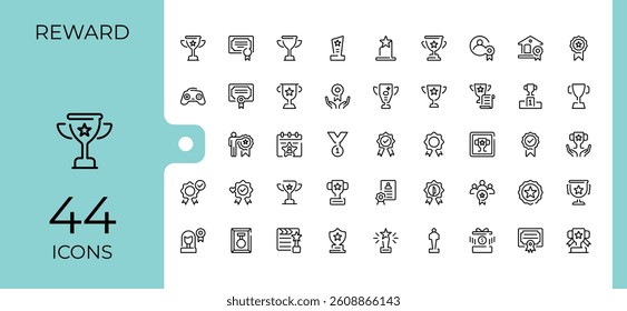 Award linear icon collection. Related to champion, reward, success, championship, badge, competition and more. Thin icons set. Reward line icon set. Editable stroke vector art.