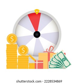 Award in lottery, prize in fortuna wheel, gift money. Vector illustration. Win award, success game, gold dollar coins, lotto event, banner entertainment, roulette bingo, gamble background concept