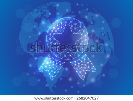 Award low poly symbol with world map background. Reward design illustration. Quality guarantee polygonal 3D concept