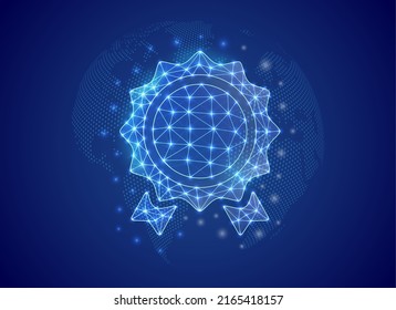 Award medal 3d low poly symbol with blue world map background. Approved concept design illustration. Reward polygonal symbol with connected dots