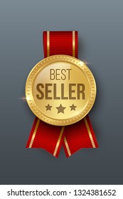 Award medal 3d realistic vector color illustration. Reward. Best seller golden medal with stars. Certified product. Quality badge, emblem with red ribbon. Winner trophy. Isolated design element