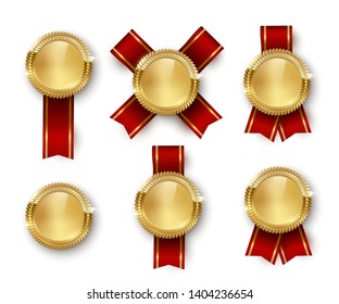 Award medal 3d realistic vector color illustration set. Reward. Golden medals with red ribbons. Certified product. Quality badges, emblems with red ribbon. Winner trophy. Isolated design element set