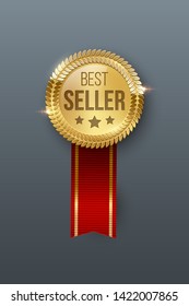 Gráfica de color vectorial realista 3d. Recompensa. La mejor medalla de oro con estrellas. Producto certificado. Tarjeta de calidad, emblema con cinta roja. Trofeo ganador. Elemento de diseño aislado