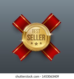 Award medal 3d realistic vector color illustration. Reward. Best seller golden medal with stars. Certified product. Quality badge, emblem with red ribbon. Winner trophy. Isolated design element
