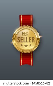 Award medal 3d realistic vector color illustration. Reward. Best seller golden medal with stars. Certified product. Quality badge, emblem with red ribbon. Winner trophy. Isolated design element