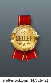 Award medal 3d realistic vector color illustration. Reward. Best seller golden medal with stars. Certified product. Quality badge, emblem with red ribbon. Winner trophy. Isolated design element