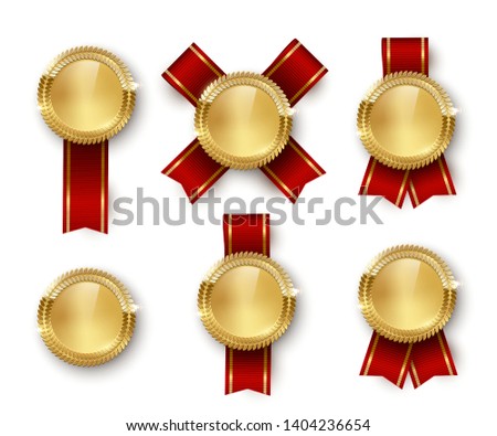 Award medal 3d realistic vector color illustration set. Reward. Golden medals with red ribbons. Certified product. Quality badges, emblems with red ribbon. Winner trophy. Isolated design element set