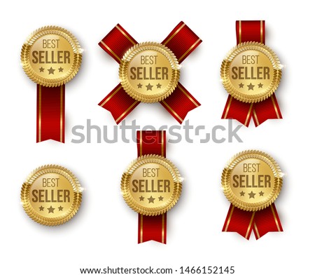 Award medal 3d realistic vector color illustrations set. Reward. Best seller golden medal with stars. Certified product. Quality badge, emblem with red ribbon. Winner trophy. Isolated design element