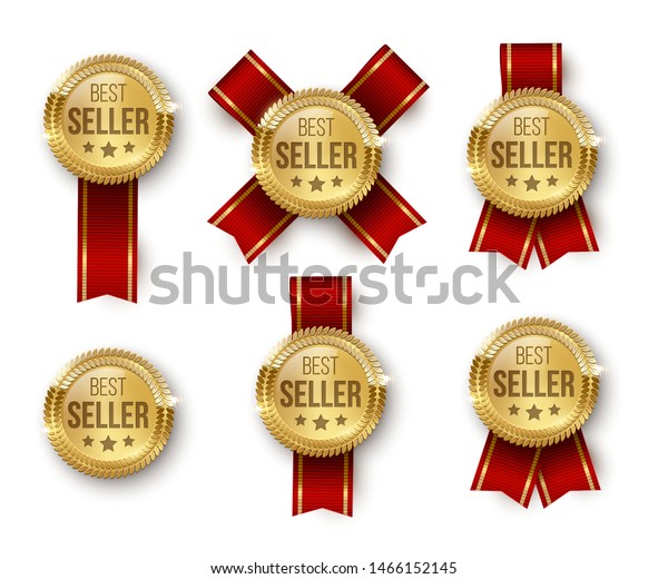 賞牌3dのリアルなベクター画像カラーイラストセット 報酬 星と金メダルベストセラー 認定製品 赤いリボンのエンブレム 優勝トロフィー 分離型デザインエレメント のベクター画像素材 ロイヤリティフリー