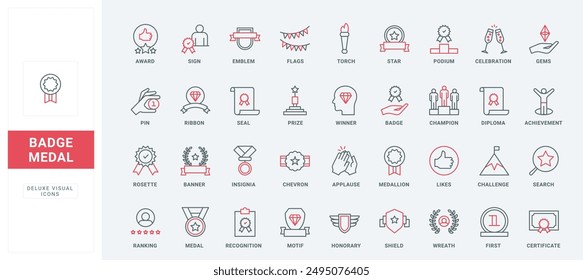 Award and medal, certificate of winner line icons set. Premium reward badges for top places in competition, champions medallion and signs thin black and red outline symbols vector illustration