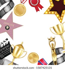 Award medal frame composition with realistic images of prizes surrounding empty space on blank background vector illustration