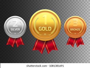 Award medal gold silver and bronze. Champion metal ward for winner. Vector achievement.