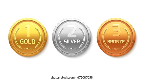 Award medal gold silver and bronze. Champion metal ward for winner. Vector achievement.