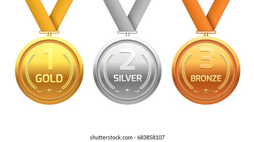 Award medal gold silver and bronze. Champion metal ward for winner. Vector achievement.