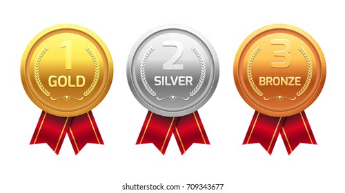 Award medal gold silver and bronze. Champion metal ward for winner. Vector achievement.