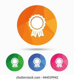 Award medal icon. Best guarantee symbol. Winner achievement sign. Triangular low poly button with flat icon. Vector