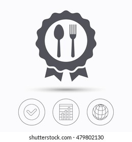 Award medal icon. Food winner emblem symbol. Fork and spoon signs. Check tick, graph chart and internet globe. Linear icons on white background. Vector