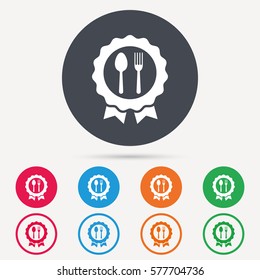 Award medal icon. Food winner emblem symbol. Fork and spoon signs. Round circle buttons. Colored flat web icons. Vector
