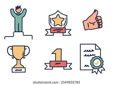 Award medal icon rank line trophy reward winner prize line style set. Vector flat graphic design element concept illustration