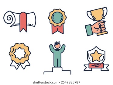 Award medal icon rank line trophy reward winner prize line style set. Vector flat graphic design element concept illustration