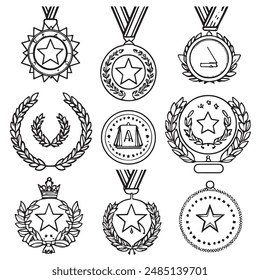 Award medal icon set. Winner or victory badge medal. Contains approved, verified, certified, star, achievement, and first medal. Vector illustration