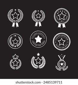 Award medal icon set. Winner or victory badge medal. Contains approved, verified, certified, star, achievement, and first medal. Vector illustration