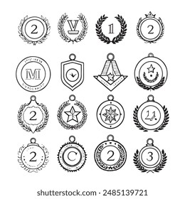 Award medal icon set. Winner or victory badge medal. Contains approved, verified, certified, star, achievement, and first medal. Vector illustration