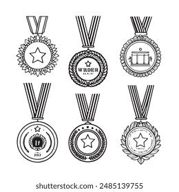 Conjunto de iconos de medalla de premio. Ganador o medalla de insignia de victoria. Contiene aprobado, verificado, certificado, estrella, logro, y primera medalla. Ilustración vectorial