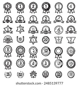 Award medal icon set. Winner or victory badge medal. Contains approved, verified, certified, star, achievement, and first medal. Vector illustration