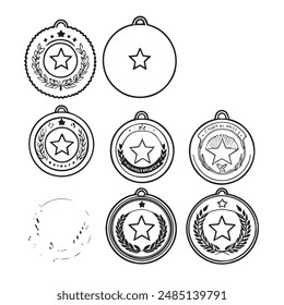 Award medal icon set. Winner or victory badge medal. Contains approved, verified, certified, star, achievement, and first medal. Vector illustration