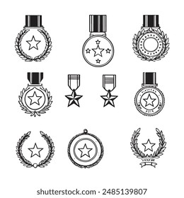 Conjunto de iconos de medalla de premio. Ganador o medalla de insignia de victoria. Contiene aprobado, verificado, certificado, estrella, logro, y primera medalla. Ilustración vectorial