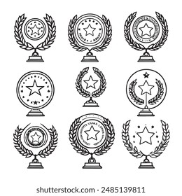 Award medal icon set. Winner or victory badge medal. Contains approved, verified, certified, star, achievement, and first medal. Vector illustration