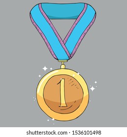 Award medal icon. Vector illustration of a medal for first place on the tape. Hand drawn medal for 1 place on the ribbon.