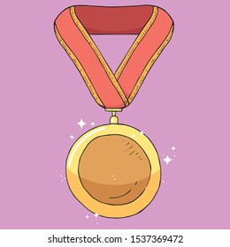 Award medal icon. Vector illustration of a medal for first place on the tape. Hand drawn medal for 1 place on the ribbon.