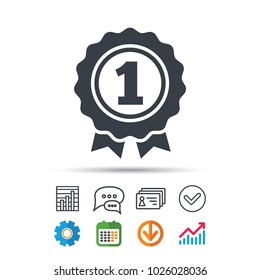 Award medal icon. Winner emblem symbol. Statistics chart, chat speech bubble and contacts signs. Check web icon. Vector