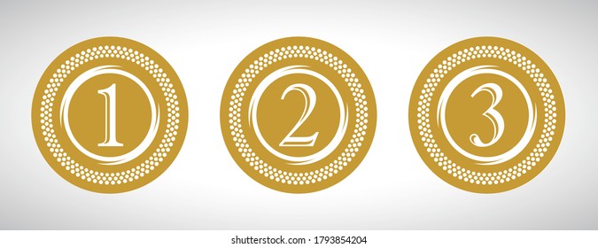 Award medal icon. Winner emblem symbol. Round decorative gold labels with numbers.