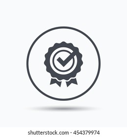 Award medal icon. Winner emblem with tick symbol. Circle button with flat web icon on white background. Vector