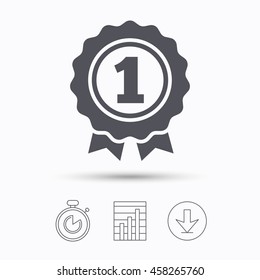 Award medal icon. Winner emblem symbol. Stopwatch, chart graph and download arrow. Linear icons on white background. Vector