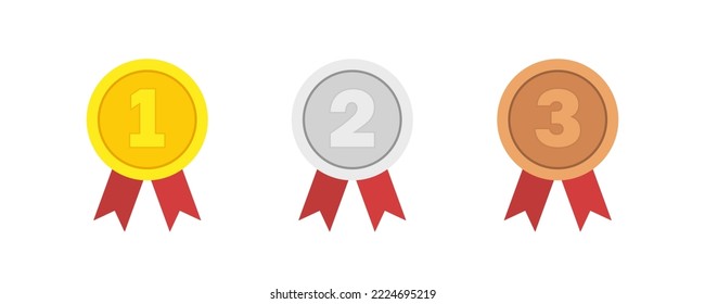 Award medal with numbers.Set of vector award medals golden, silver and bronze isolated on white background. Winner medal with red ribbon icon. Championship award. Achievement, victory concept.