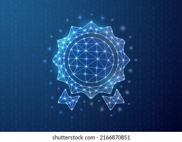 Award medal polygonal symbol with binary code background. Approved concept design vector illustration. Blue Reward low poly symbol with connected dots