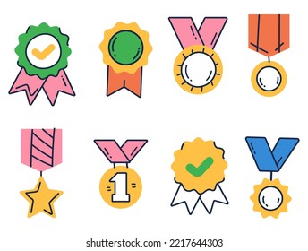 Award medal prize badge line art style trophy abstract isolated set. Vector graphic design illustration element