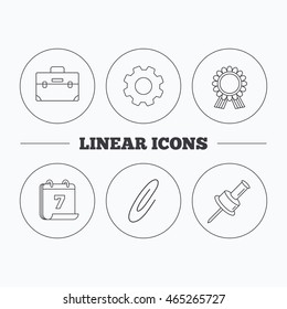 Award medal, pushpin and briefcase icons. Safety pin linear sign. Flat cogwheel and calendar symbols. Linear icons in circle buttons. Vector