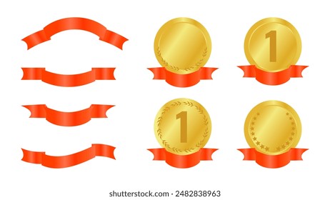 Award medal ribbon crown rank design elements. Set different golden shapes. Red ribbons and gold medals. For presentations of projects and website advertising. Vector illustration.