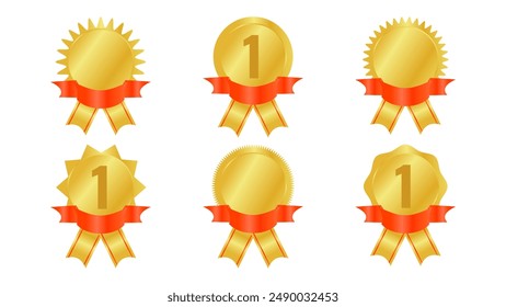 Award medal ribbon crown rank design elements. Set different golden shapes. Red and gold ribbon. For presentations of projects and website advertising. Vector illustration.